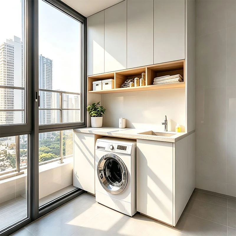 Wooden Open Niche in White Laundry Cabinet